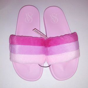 Victoria Secret Slides Sandals Pink Stripe Fur Fuzzy Slip On Open Toe New With T